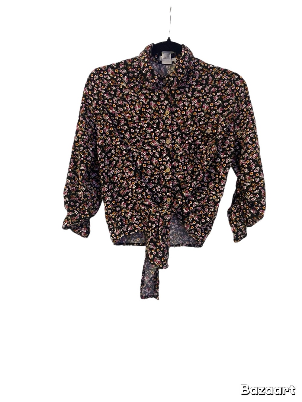 Passport Black Floral Ditsy Print Button-Down Tie-Front Shirt